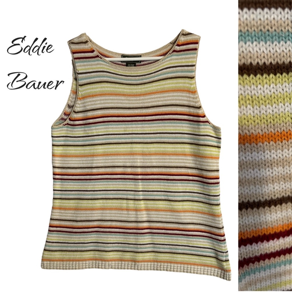 Host Pick! EDDIE BAUER L Womens Knit Tank Top Stripes Sweater Vest Cotton Linen